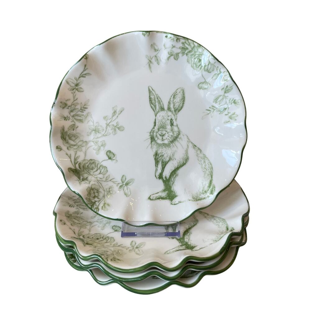 4pc Potters Studio Green Toile Bunny Rabbit Salad Plates 9.5" Scalloped Easter